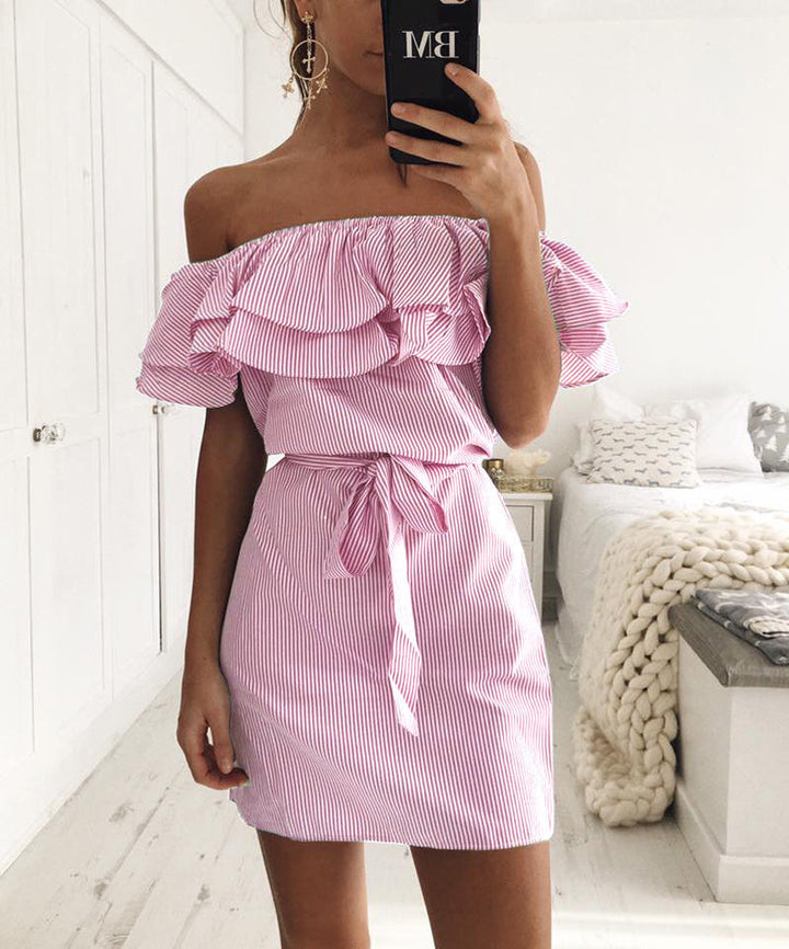 Damen Off-Shoulder Rüschenshortkleid Drune