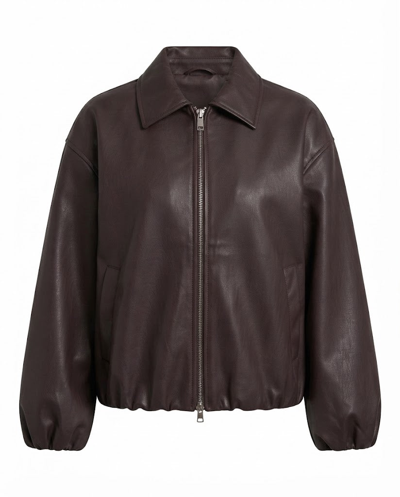 Damen Oversized Lederlook Blouson mit Hemdkragen, Reißverschluss und elastischem Saum Drune