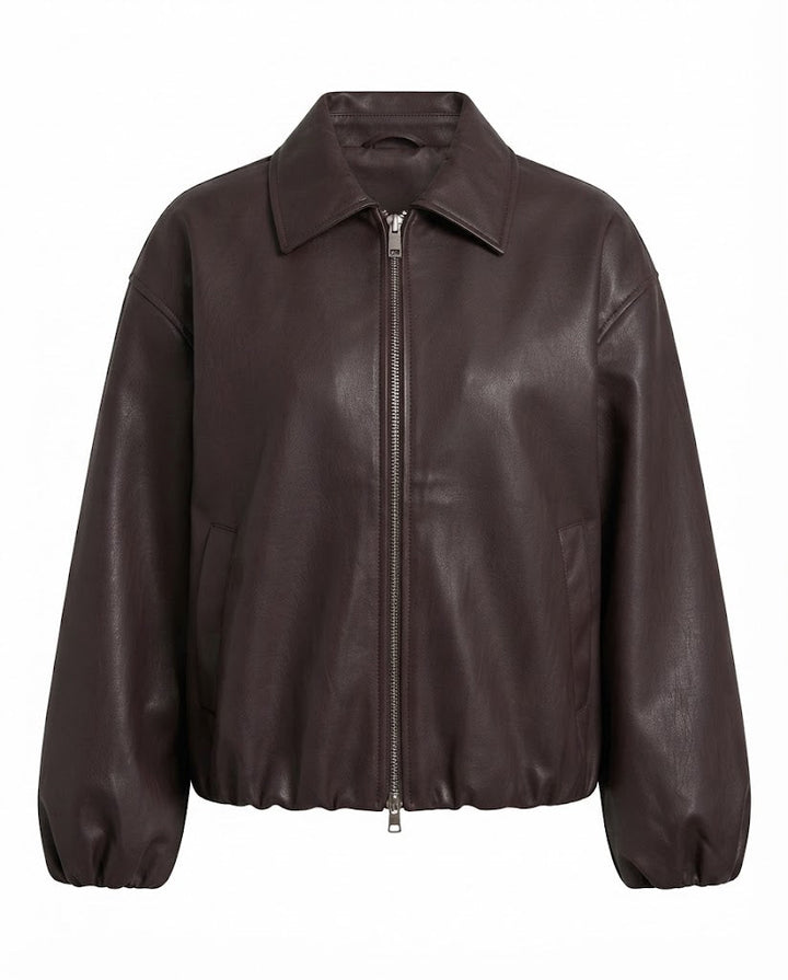 Damen Oversized Lederlook Blouson mit Hemdkragen, Reißverschluss und elastischem Saum Drune
