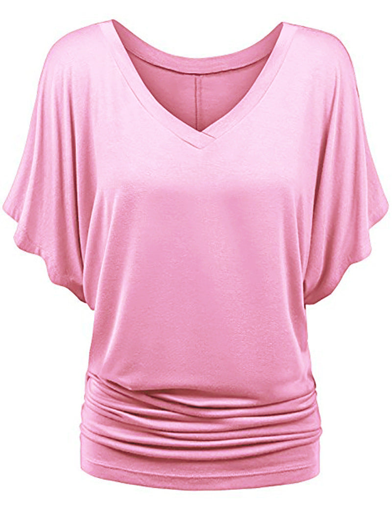 Damen lässiges V-Ausschnitt T-Shirt mit drapiertem Saum Drune