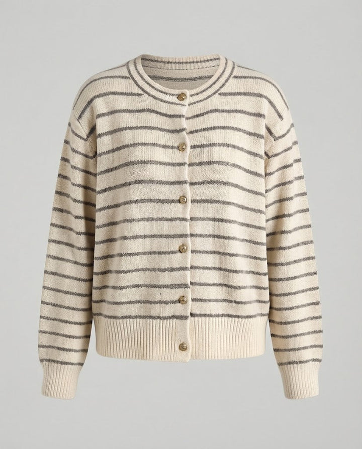 Damen Gestreifte Knopfcardigan mit Rundhalsausschnitt, goldenen Zierknöpfen und Rippbündchen Drune