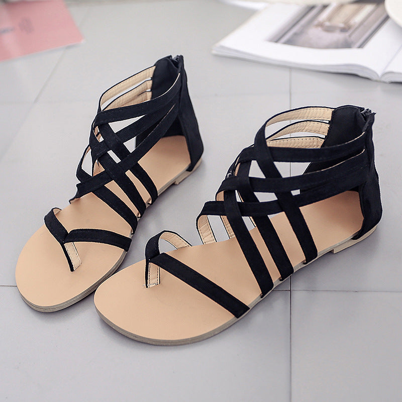 Damen nan flache Römersandalen mit mehrreihigen Knöchelriemen, Zehensteg und Reißverschluss-Fersenkappe Drune