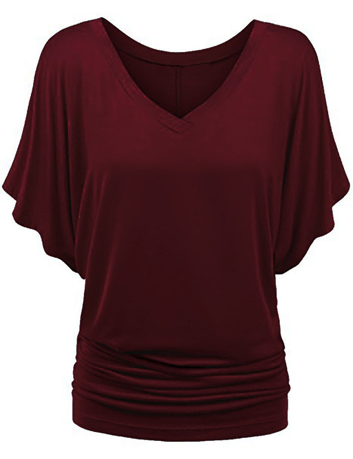 Damen lässiges V-Ausschnitt T-Shirt mit drapiertem Saum Drune