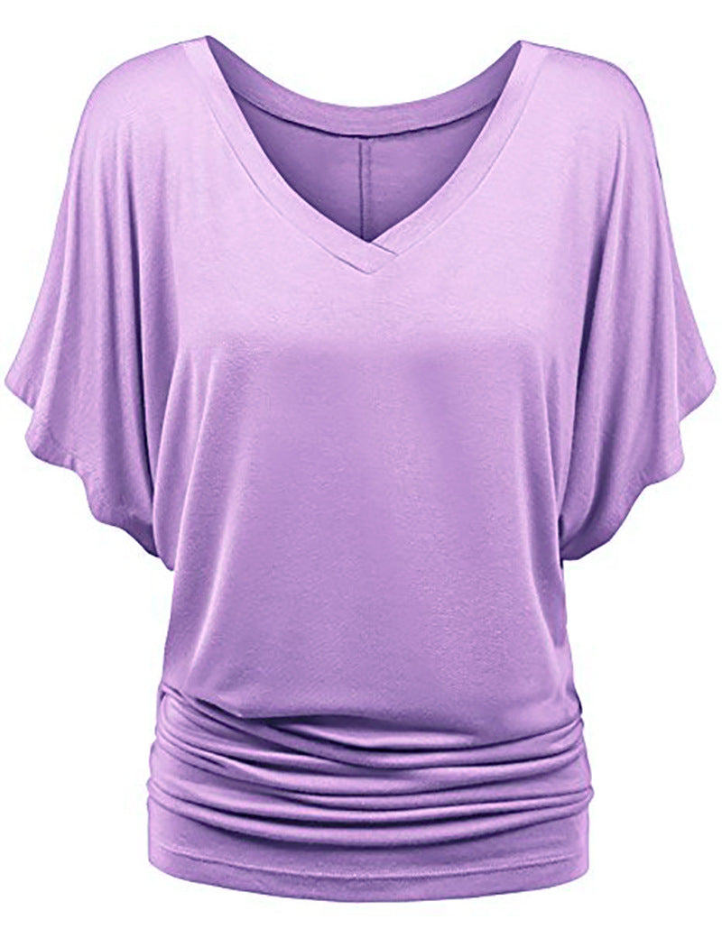 Damen lässiges V-Ausschnitt T-Shirt mit drapiertem Saum Drune