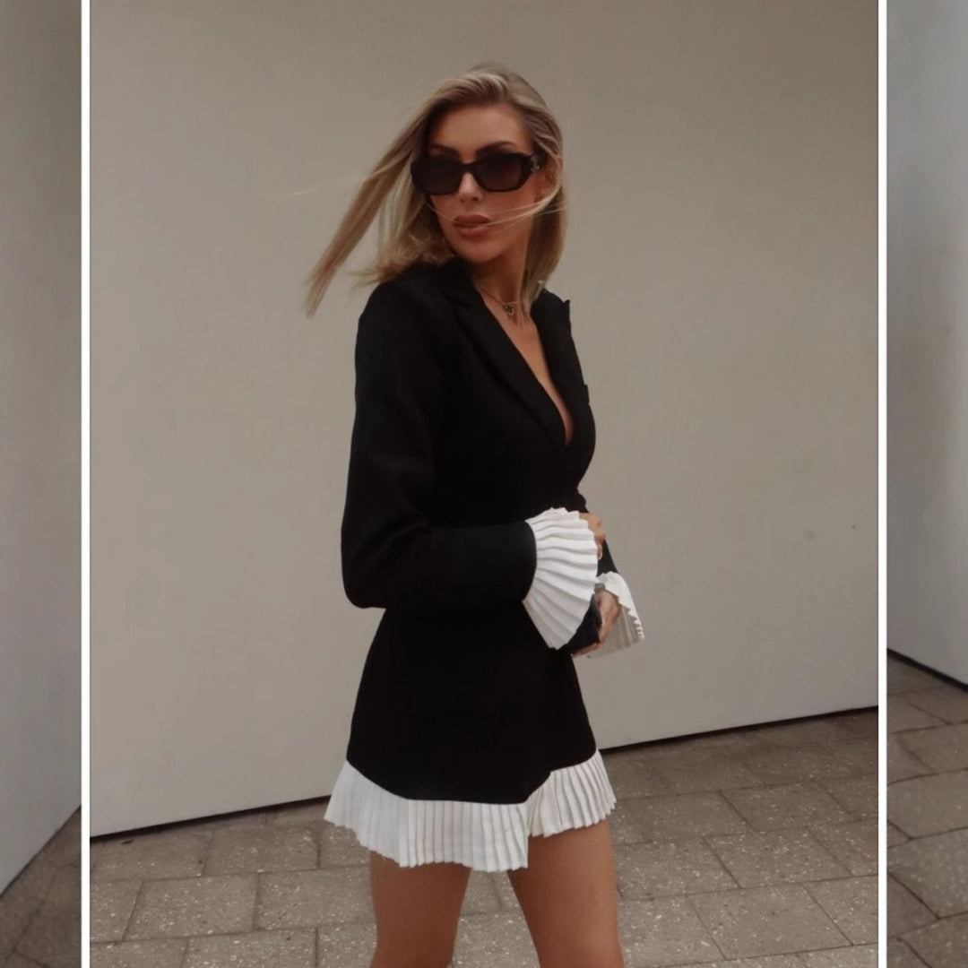 Drune | Schwarz und weiß kontrastierenden Farben plissiert Rüsche Rand Anzug Kleid kurzen Rock