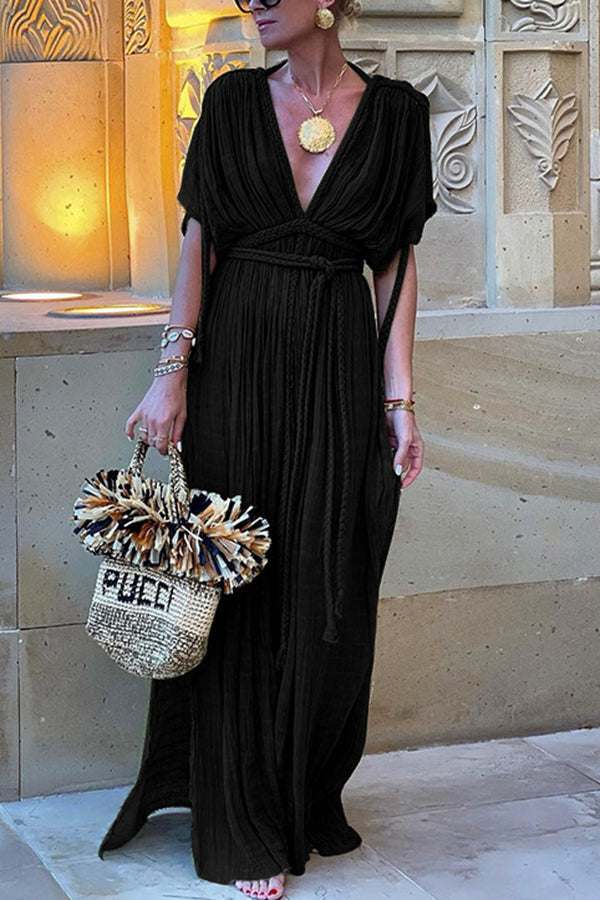 Drune Kimono-Maxikleid aus Leinenmischung im griechischen Stil mit Zöpfen und Schlitz
