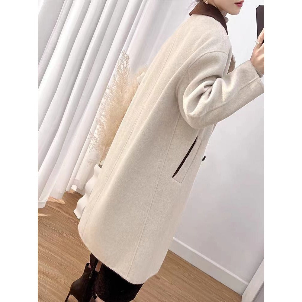 Drune | Wollmischung lange Jacke mit braunem Kragen für Damen - Ambra