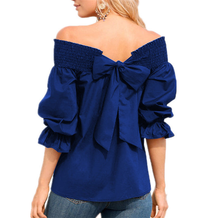 Damen Off-Shoulder Bluse mit Rüschenärmel und Schleifendetail Drune