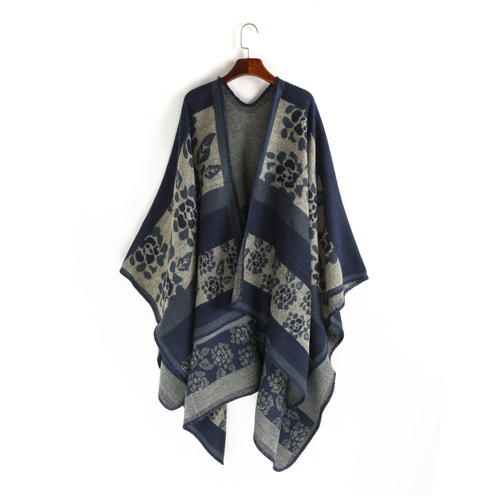 Damen Oversize-Ruana-Poncho mit Sternjacquard und Zierstichkante Drune