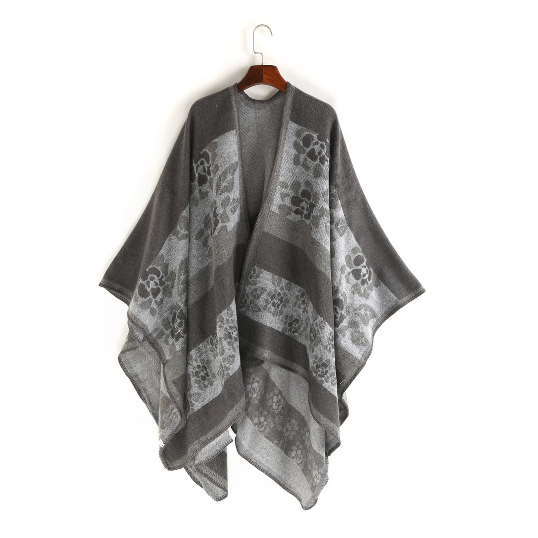 Damen Oversize-Ruana-Poncho mit Sternjacquard und Zierstichkante Drune