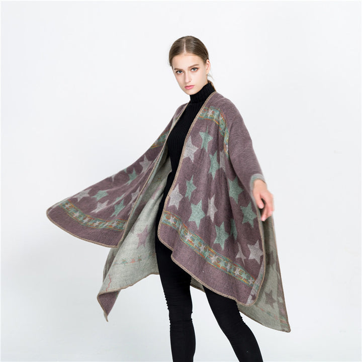 Damen Oversize-Ruana-Poncho mit Sternjacquard und Zierstichkante Drune
