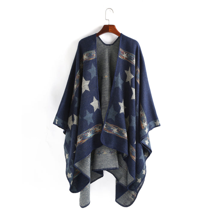 Damen Oversize-Ruana-Poncho mit Sternjacquard und Zierstichkante Drune