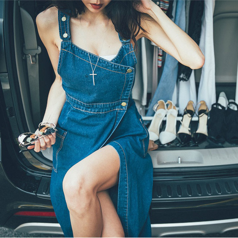 Damen Kreuz-Rücken Denim Latzkleid Drune