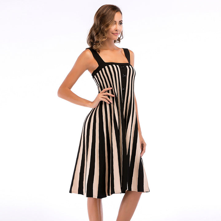 Damen Midikleid mit buntem Streifenmuster und knöpfbarer Front Drune