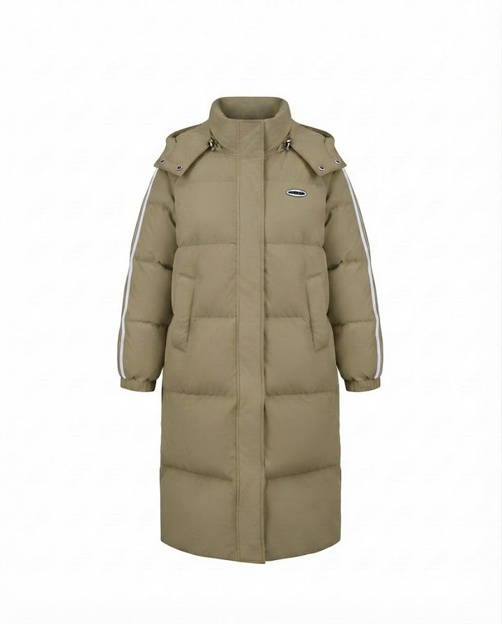Damen nan längerer steppthermocoat mit hohem Stehkragen, Sportstreifen und integrierter Brusttasche