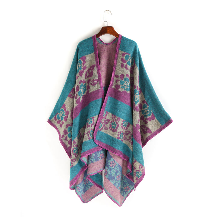 Damen Oversize-Ruana-Poncho mit Sternjacquard und Zierstichkante Drune