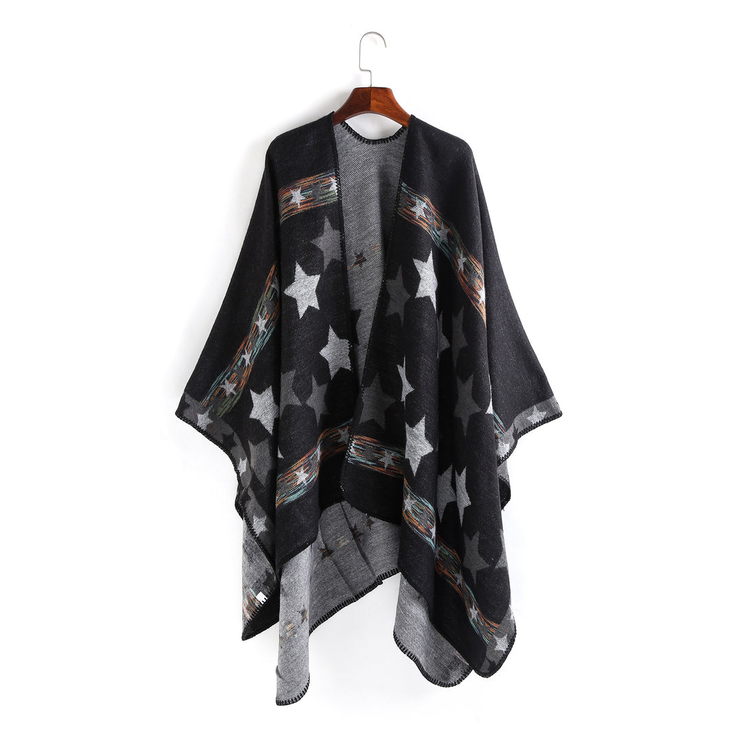 Damen Oversize-Ruana-Poncho mit Sternjacquard und Zierstichkante Drune