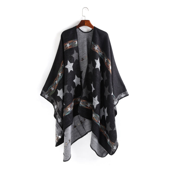 Damen Oversize-Ruana-Poncho mit Sternjacquard und Zierstichkante Drune