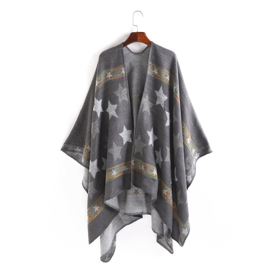 Damen Oversize-Ruana-Poncho mit Sternjacquard und Zierstichkante Drune