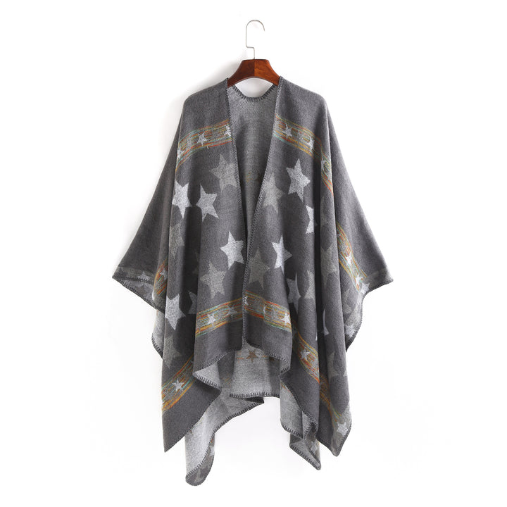 Damen Oversize-Ruana-Poncho mit Sternjacquard und Zierstichkante Drune