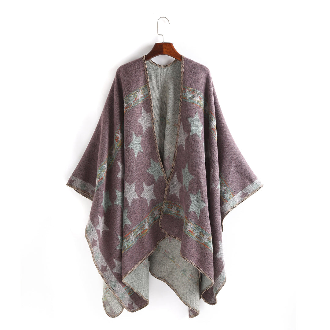 Damen Oversize-Ruana-Poncho mit Sternjacquard und Zierstichkante Drune