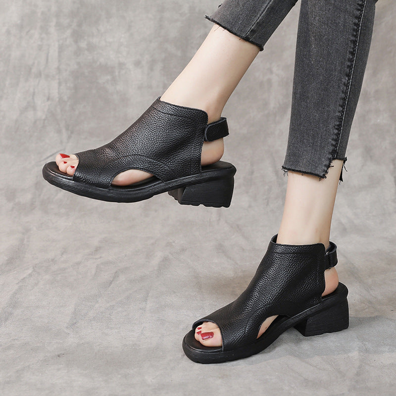 Drune | Echtes Leder Retro Künstlerische Damen Sandalen Mittelhoch Weiche Sohle