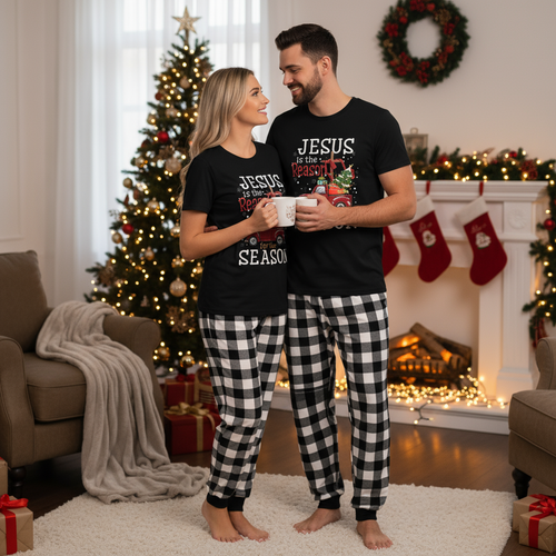 Drune | Paar Schwarz und Weiß Karierter Weihnachten Kurzarm Pyjama Set Mit 