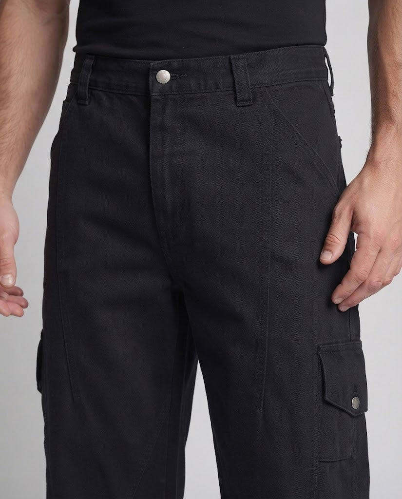 Herren Weite Utility‑Palazzo‑Cargo‑Hose aus robustem Canvas mit gerundeten Kniepaneelen und Druckknopf‑Seitentaschen Drune