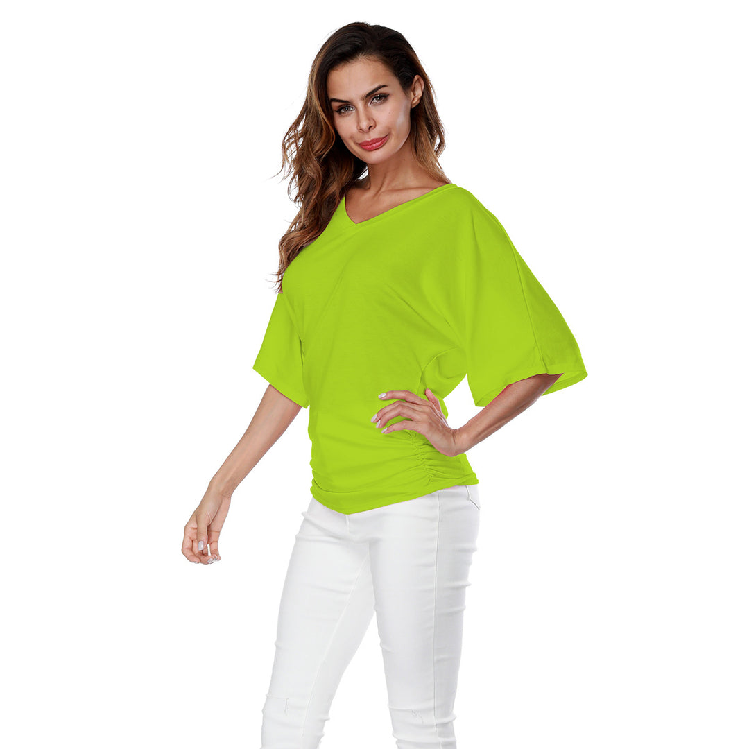 Damen lässiges V-Ausschnitt T-Shirt mit drapiertem Saum Drune