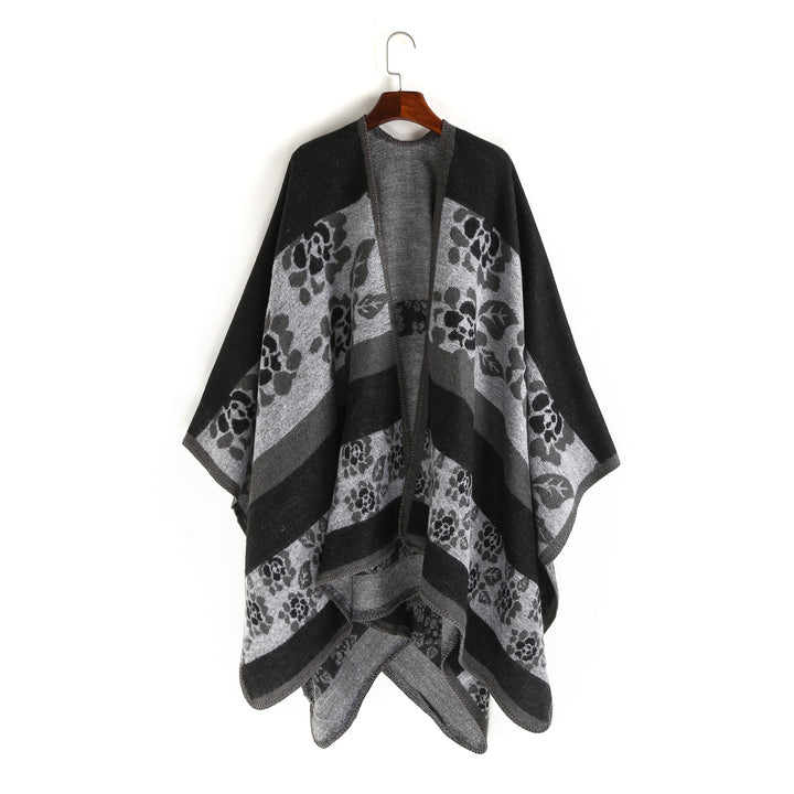 Damen Oversize-Ruana-Poncho mit Sternjacquard und Zierstichkante Drune