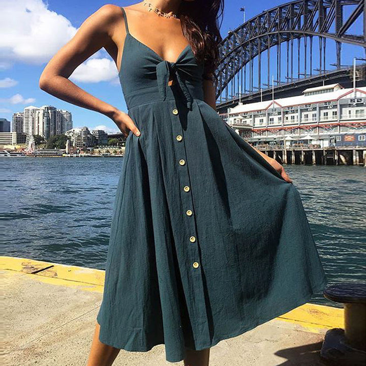 Damen Sommerkleid mit Knoten und Knopfdetails Drune