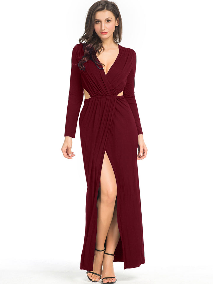 Damen Elegantes Jersey-Maxikleid im Wickelstil mit tiefem V‑Ausschnitt und tailliertem Gummibund Drune