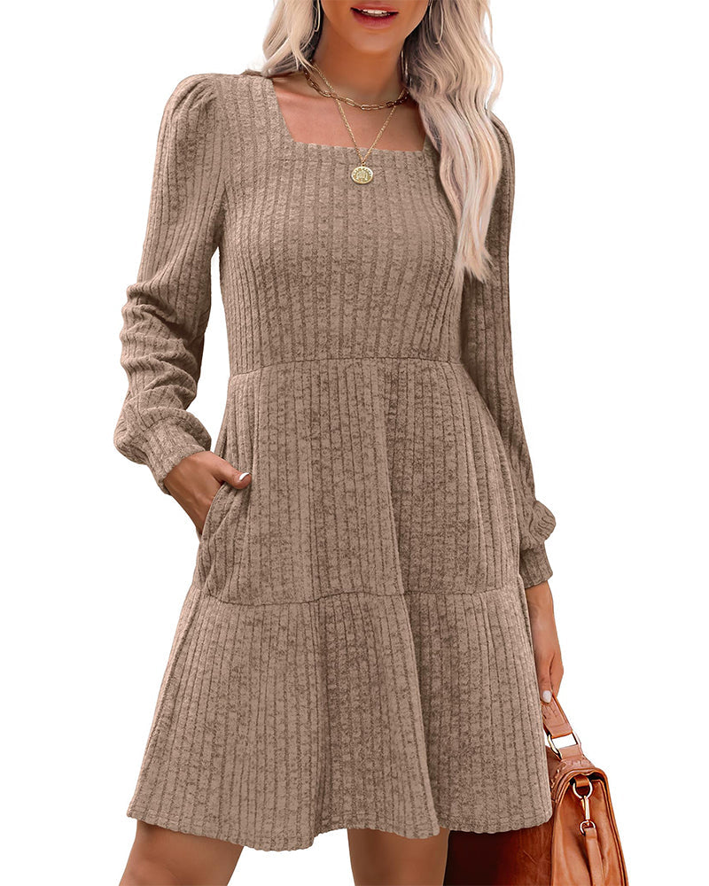 Drune | Damenkleid mit Quadrat Ausschnitt Laternenärmeln und Rippstruktur