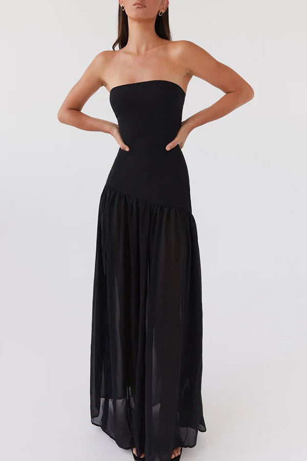 Drune | Eden Patchwork Semi-Transparent Chiffon Strapless Maxi-Kleid
