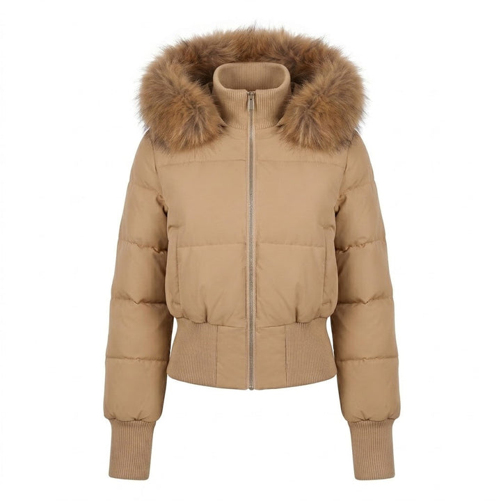 Damen Nano Short gepolsterte Kapuzen-Pufferjacke mit voluminösem Kunstfellbesatz, gerippten Bündchen und wärmender Thermofüllung