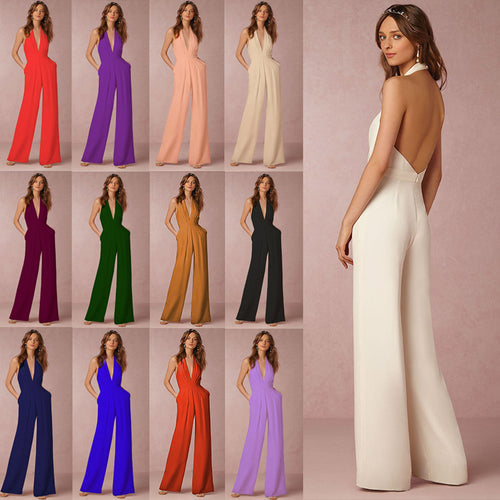 Damen schulterfreier Jumpsuit mit elegantem Rückenausschnitt und weitem Bein Drune