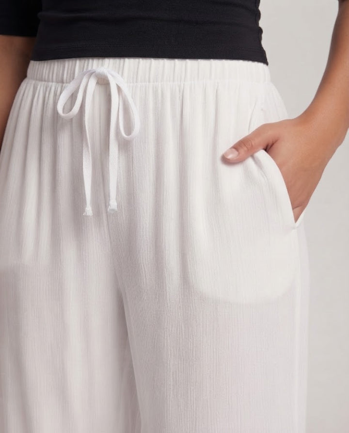 Damen Hochtaillierte weite Leinenoptik-Hose mit Kordelzug und fließender Palazzo-Silhouette Drune