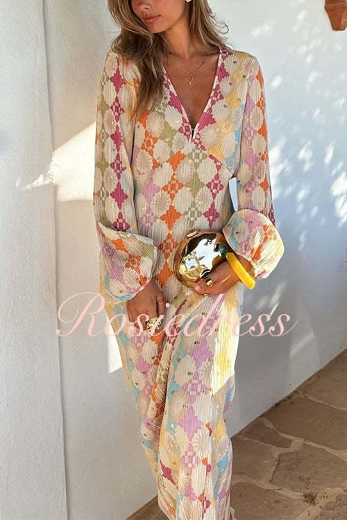 Drune | Rosiedress V-Ausschnitt Laternenärmel Geometrischer Druck Maxi-Kleid