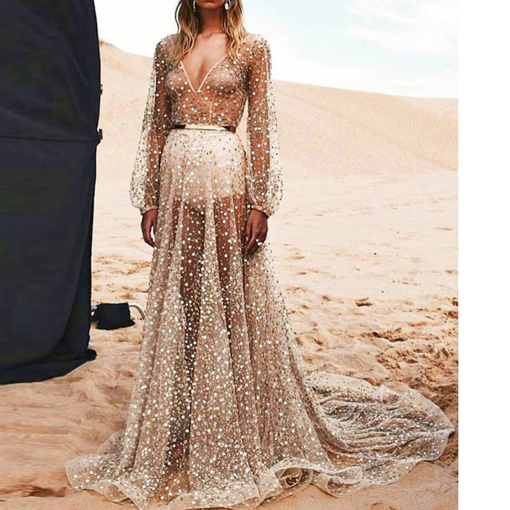 Damen Hochwertiges Abendkleid mit funkelnden Pailletten und transparentem Stoff Drune