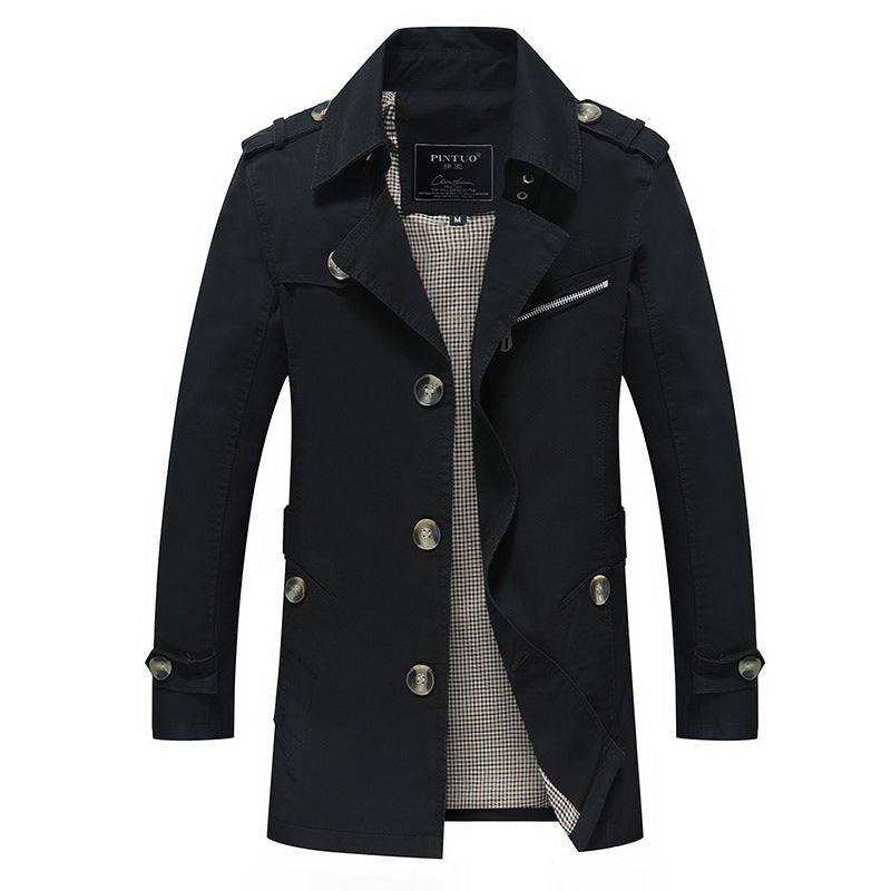 Herren leichter Baumwoll-Trenchcoat mit Reverskragen, Schulterklappen, kontrastierter Innenfütterung und verdeckter Knopfleiste Drune