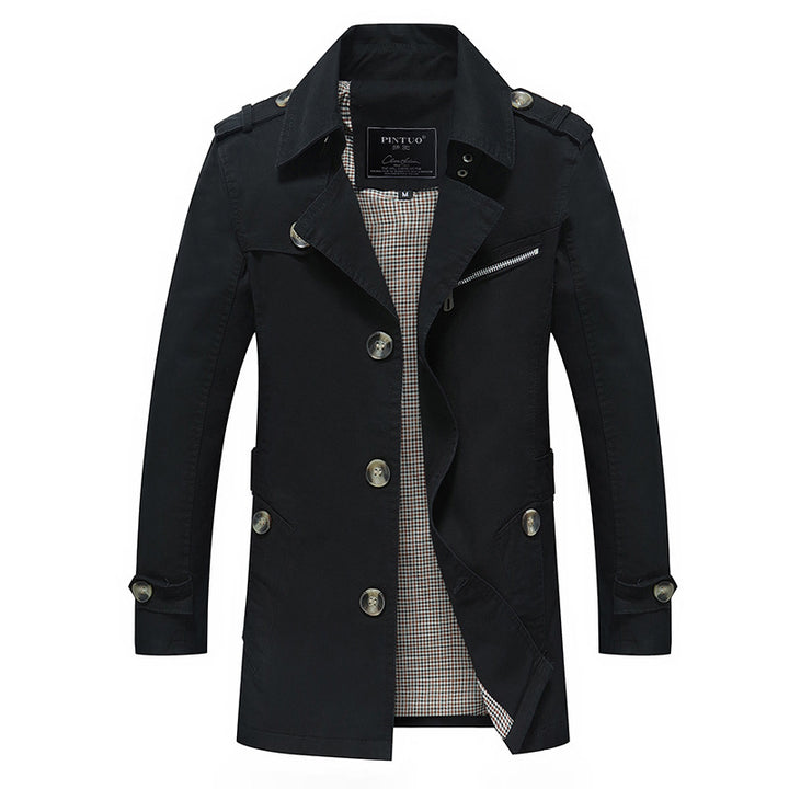 Herren leichter Baumwoll-Trenchcoat mit Reverskragen, Schulterklappen, kontrastierter Innenfütterung und verdeckter Knopfleiste Drune