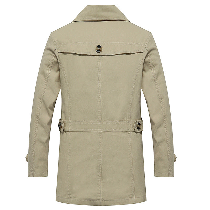 Herren leichter Baumwoll-Trenchcoat mit Reverskragen, Schulterklappen, kontrastierter Innenfütterung und verdeckter Knopfleiste Drune