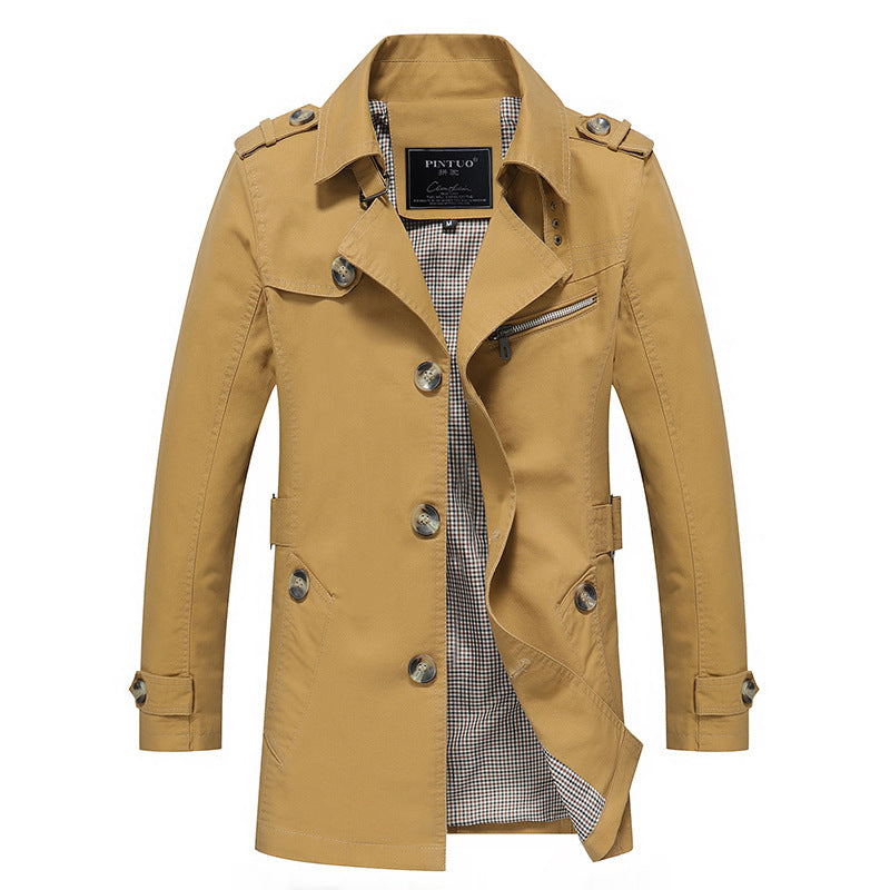 Herren leichter Baumwoll-Trenchcoat mit Reverskragen, Schulterklappen, kontrastierter Innenfütterung und verdeckter Knopfleiste Drune
