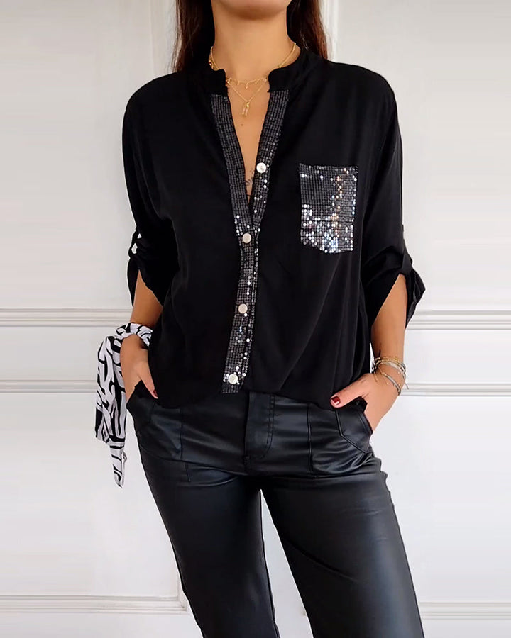 Drune - Schicke Bluse mit Knopfleiste und Paillettenbesatz für Damen | Elegante Langarmbluse mit Paillettentasche