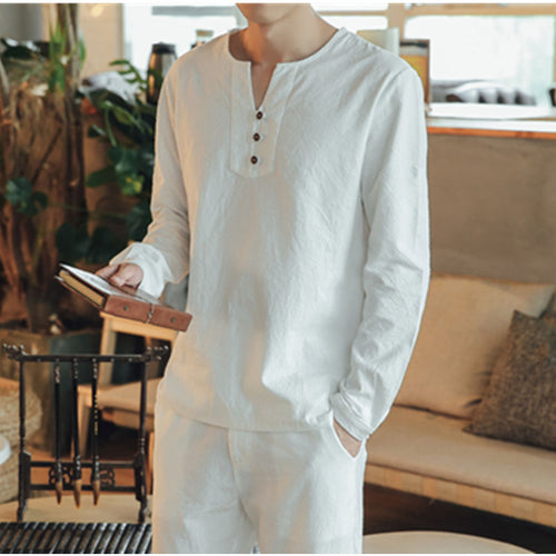 Herren Langärmeliges Henley-Hemd mit Stehkragen, Kurzknopfleiste und Relaxed Fit Drune