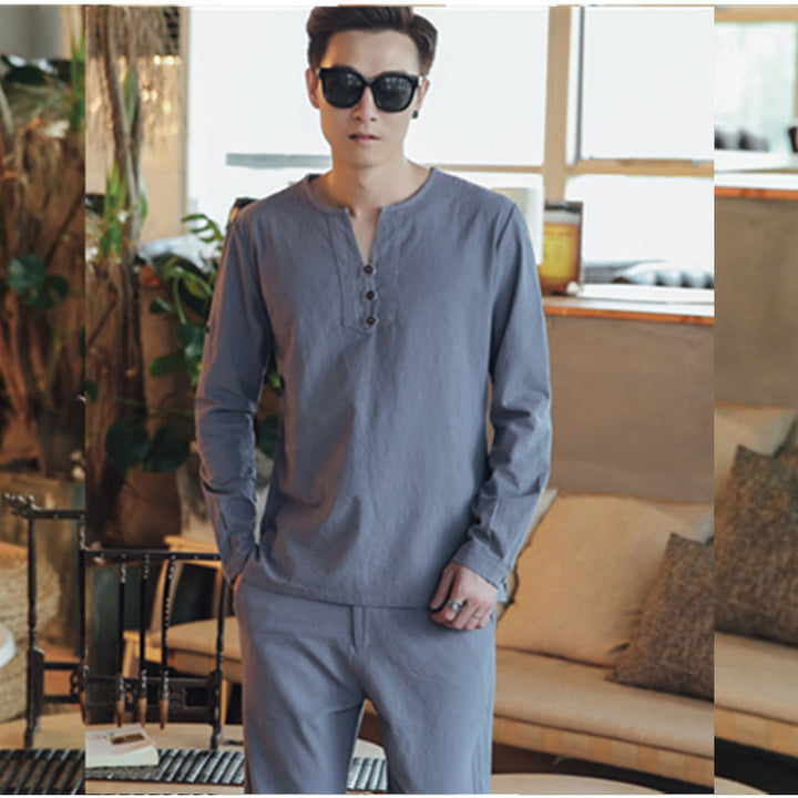 Herren Langärmeliges Henley-Hemd mit Stehkragen, Kurzknopfleiste und Relaxed Fit Drune