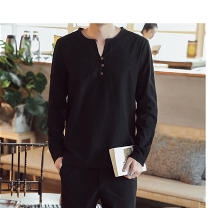 Herren Langärmeliges Henley-Hemd mit Stehkragen, Kurzknopfleiste und Relaxed Fit Drune