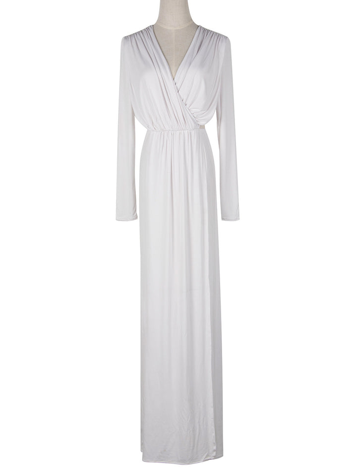 Damen Elegantes Jersey-Maxikleid im Wickelstil mit tiefem V‑Ausschnitt und tailliertem Gummibund Drune