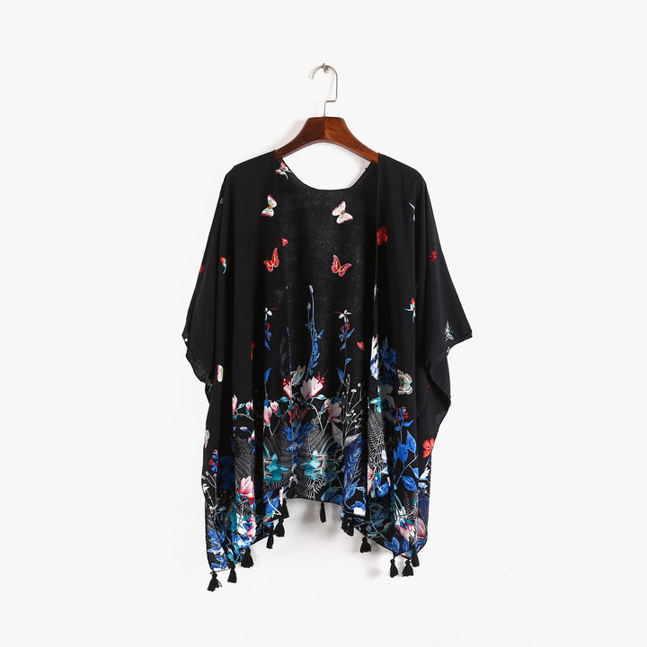 Damen Kaftan-Kimono-Überwurf mit floralem Print, Schmetterlingsstickerei und Quasten Drune