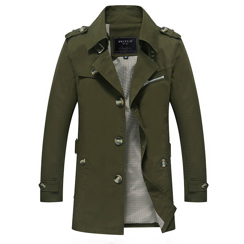 Herren leichter Baumwoll-Trenchcoat mit Reverskragen, Schulterklappen, kontrastierter Innenfütterung und verdeckter Knopfleiste Drune